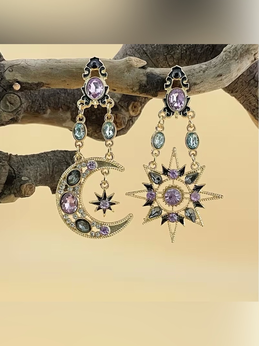 Bohemian Stainless Steel Asymmetrical Sun & Moon Dangle Earrings - Picture 7 of 7